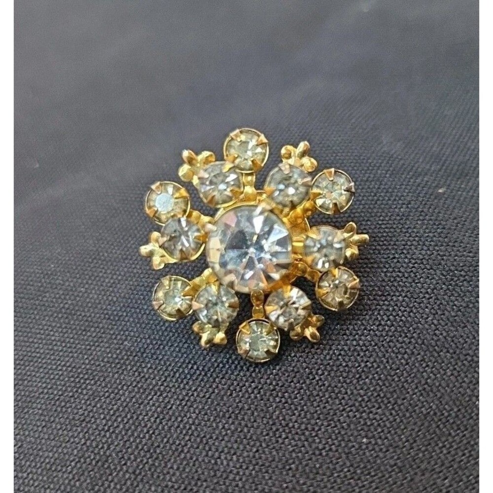 Vintage snowflake gold tone lapel pen with rhinestones 1" Across